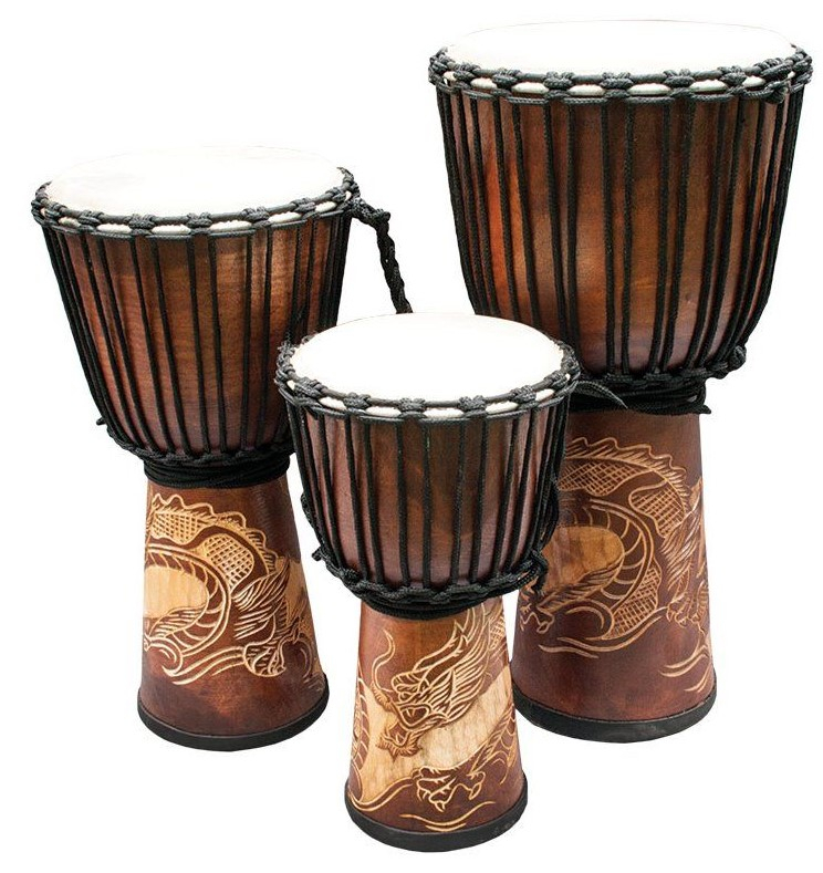 Djembe Bali Mahagón s rezbou Draka 50cm. Priemer: 24-26 cm