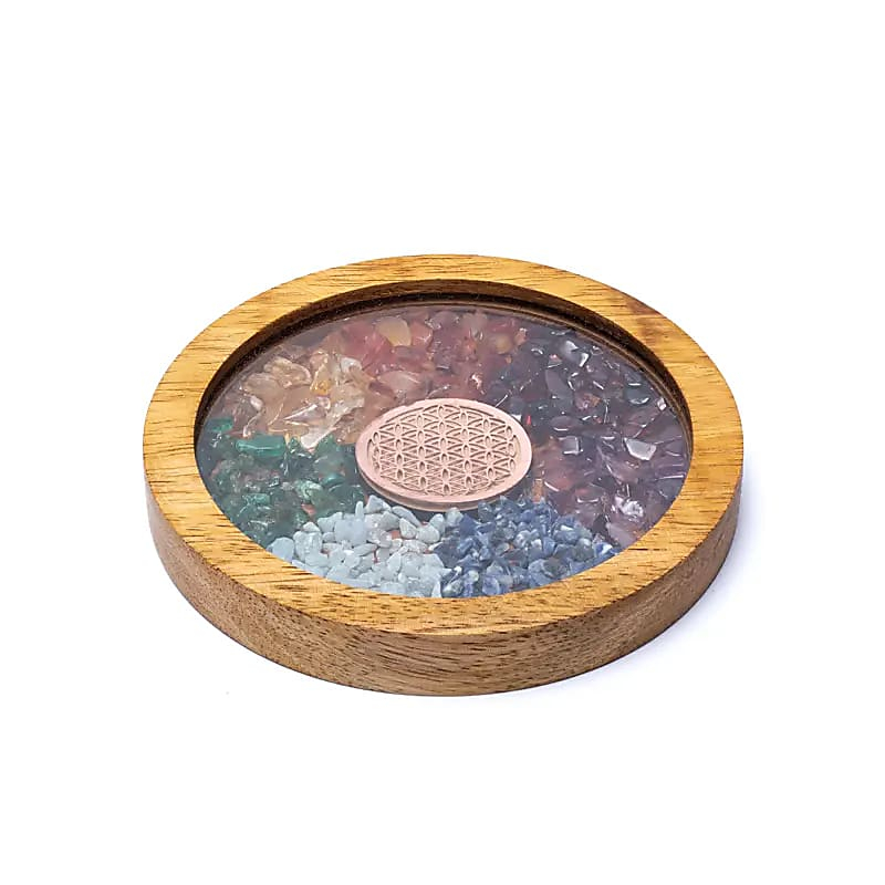 Drevený podtácok – Čakry a Kvet života, ⌀ 10 × 1,7 cm