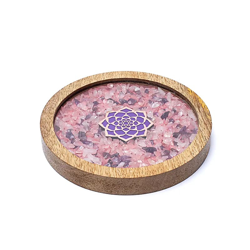 Drevený podtácok – Lotos, ruženín & ametyst, ⌀ 10 × 1,7 cm