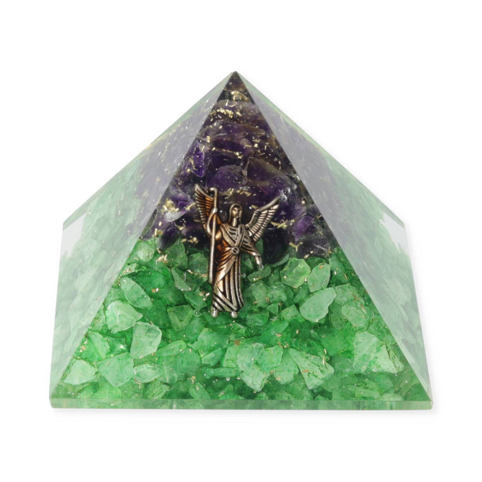 Orgonitová pyramída – peridot a ametyst s Archanjelom Rafaelom