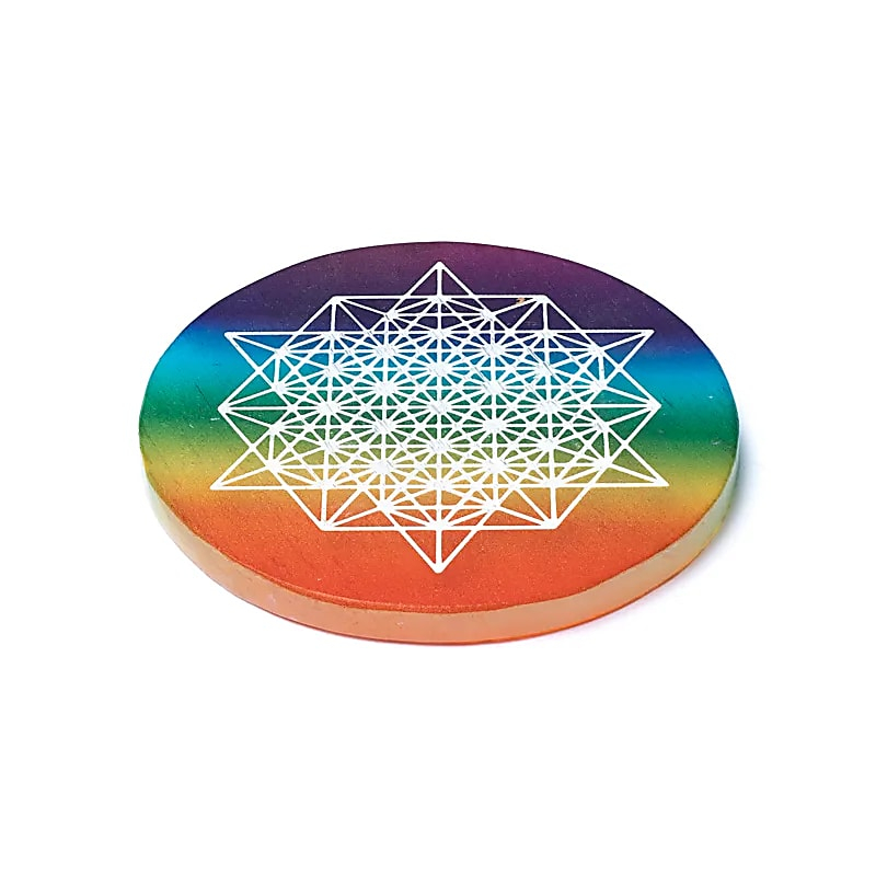 Selenitový podtácok – 64-cípový tetraéder (64-Star Tetrahedron), 9 × 0,8 cm                                                            