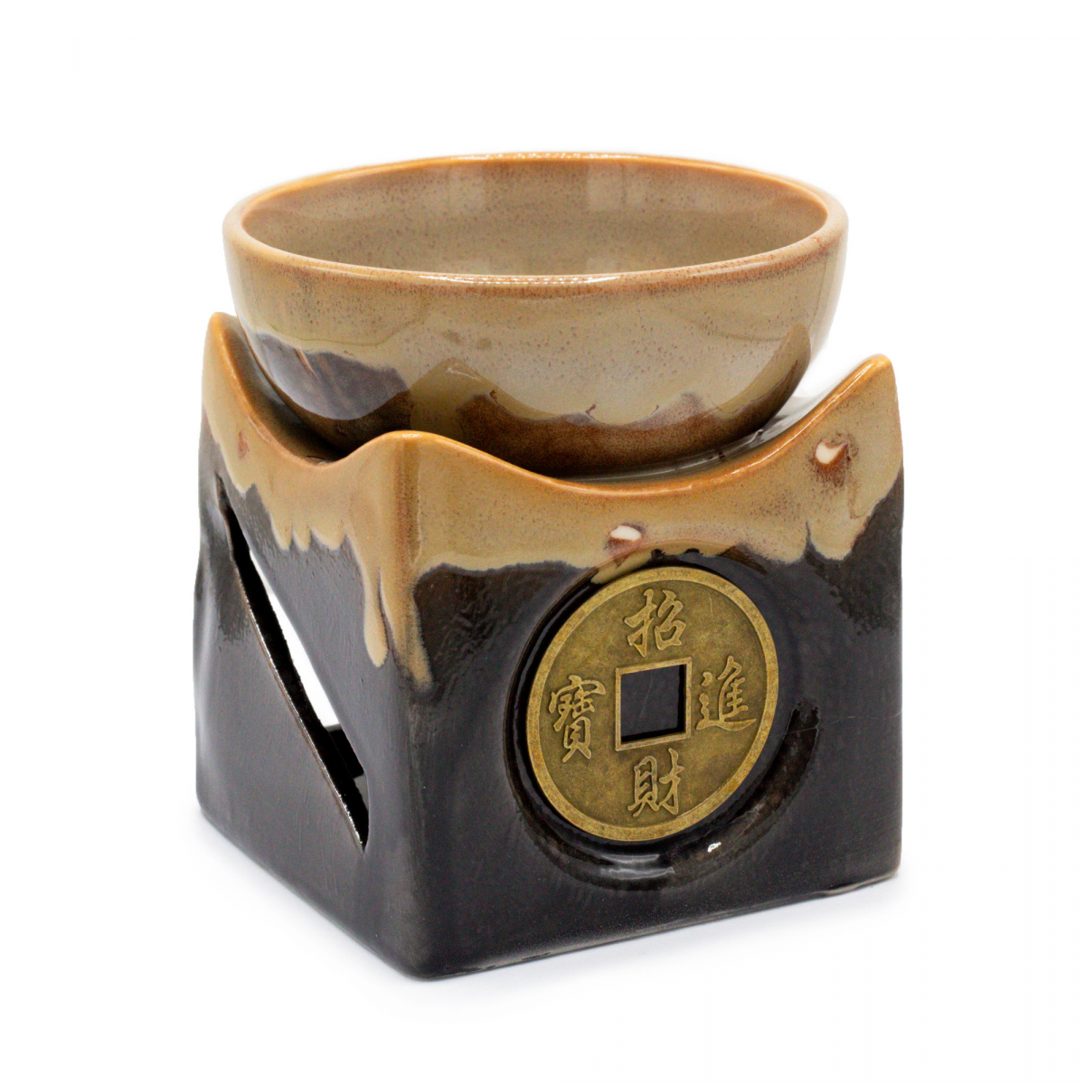 Veľká keramická aroma lampa Minca pre šťastie – hnedá (7 × 7 × 9 cm)