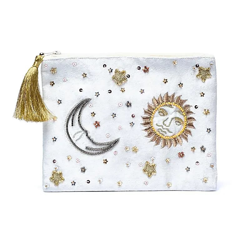 Zamatové puzdro na zips – biele so Slnkom a Mesiacom (20 × 15 cm)