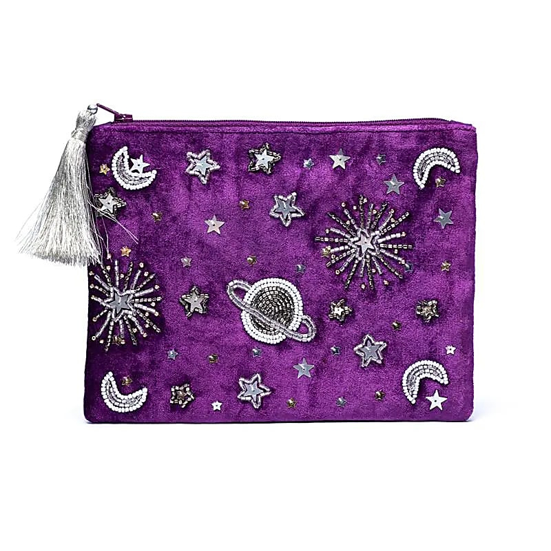 Zamatové puzdro na zips – fialové „Galaxia“ (20 × 15 cm)