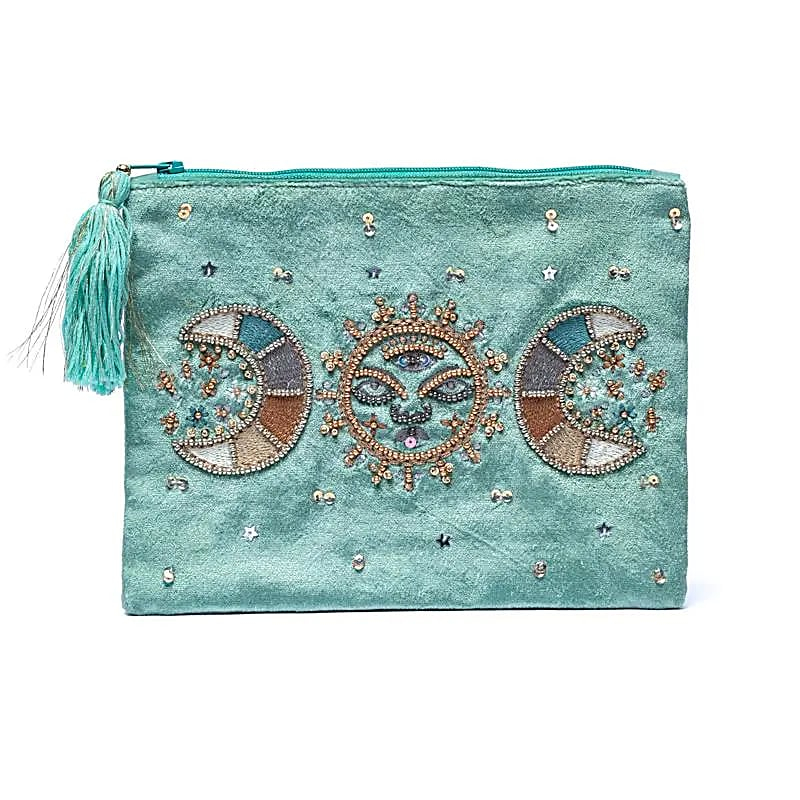 Zamatové puzdro na zips – mentolové s fázami Mesiaca (20 × 15 cm)