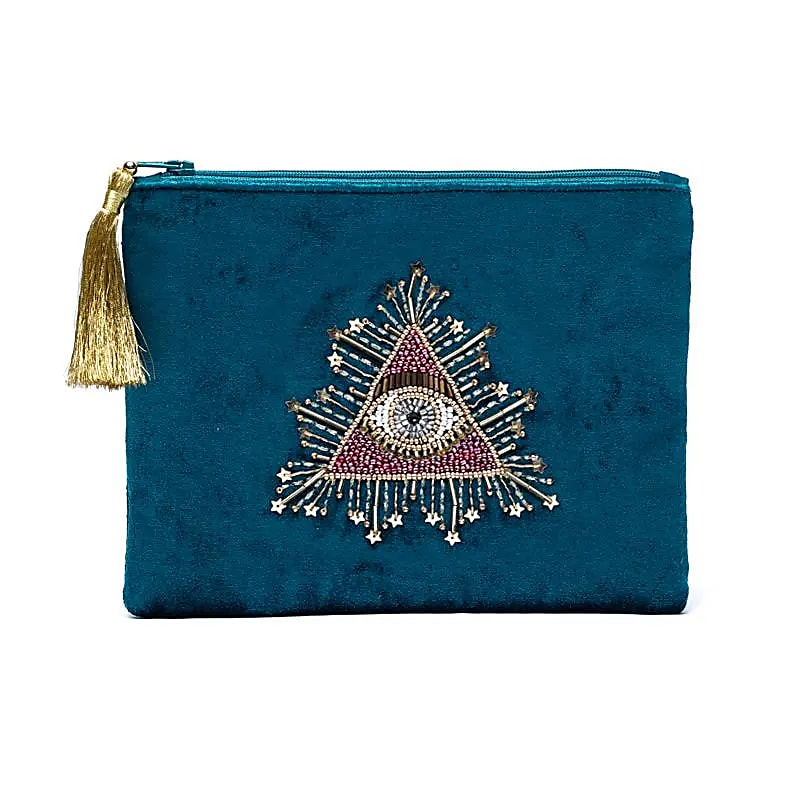 Zamatové puzdro na zips – petrolejové s tarotovým okom (20 × 15 cm)