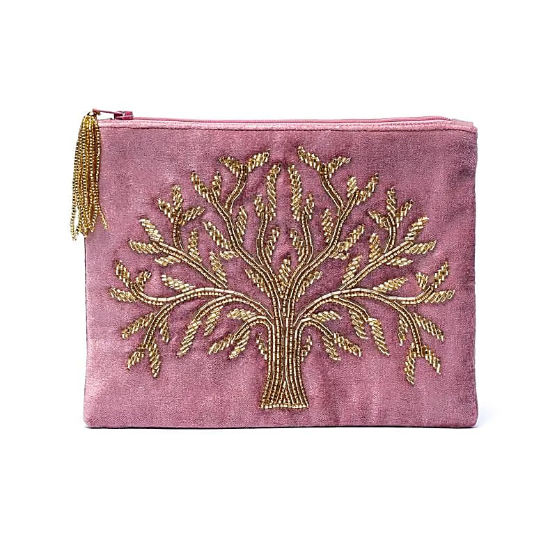 Zamatové puzdro na zips – ružové so Stromom života (20 × 15 cm)