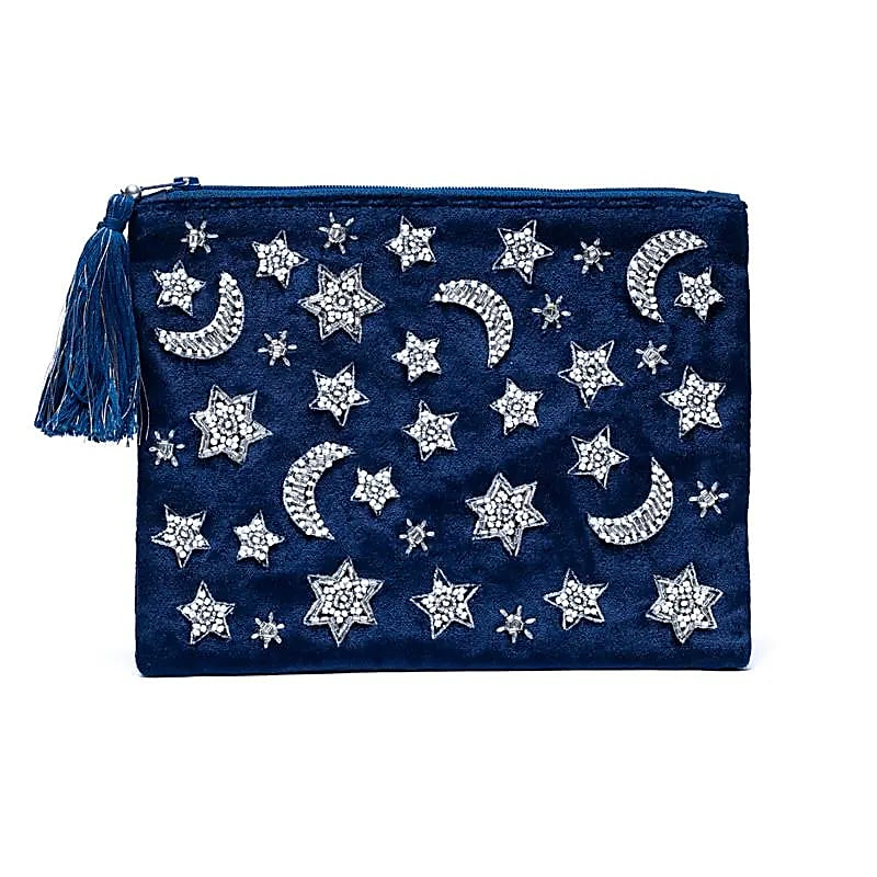 Zamatové puzdro na zips – tmavomodré s Mesiacom a hviezdami (20 × 15 cm)