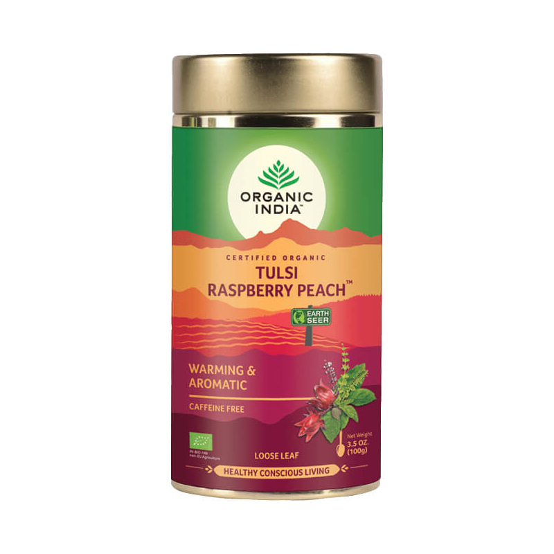 Aromatický hrejivý ajurvédsky čaj Tulsi Malina Broskyňa, sypaný, Bio India, 100g