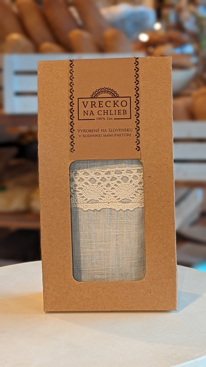 Ľanové vrecko na okrúhly chlieb s krajkou 42x42cm